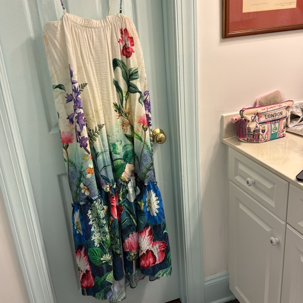 Anthropologie Floral Pink and Blue Strapless Sundress with Straps Medium - Picture 2 of 5